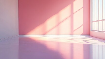 Poster - Bright and Airy Minimalist Room with Soft Pink Walls and Gentle Light Streaming Through Large Windows for Modern Interior Design Inspiration