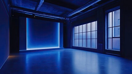 Poster - Modern Minimalist Interior with Ambient Blue Lighting in a Spacious Studio Setting Featuring Large Windows and Open Floor Space