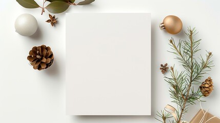 Wall Mural - Eco-Friendly Christmas Greeting Card Mockup with White Blank Paper and Festive Decorations for the Holidays