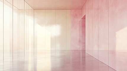 Poster - Modern Minimalist Interior Space with Soft Pink Walls and Glossy Floor Reflecting Light in a Contemporary Architectural Design Setting