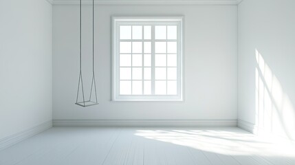 Poster - Bright and Minimalist Interior Space with Large Window and Simple Swing, Featuring Clean Lines and Natural Light for Modern Home Decor Inspiration