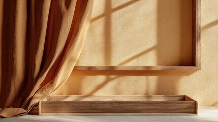 Poster - Soft Light Playing on a Minimalist Shelf and Curtains in Warm Tones Creating a Cozy and Inviting Atmosphere for Interior Decor Inspiration
