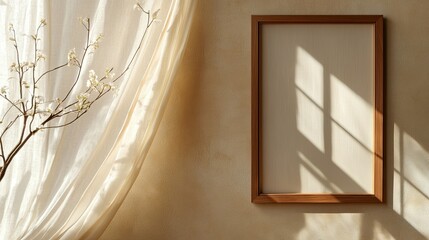 Poster - Elegant Empty Picture Frame on a Soft Neutral Wall with Delicate Shadows from Sheer Curtain and Artistic Branch Arrangement