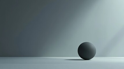 Poster - Minimalist Composition with a Black Sphere on a Subtle Gray Surface and Wall Bathed in Soft Light, Creating an Elegant and Contemporary Artistic Atmosphere