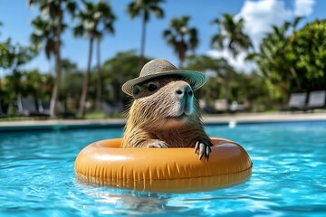 Capybara wearing a straw hat enjoys summer vacation, floating in a refreshing blue swimming pool on an inflatable ring