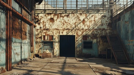 Poster - Abandoned Industrial Warehouse Interior with Rusty Walls, Broken Windows, and Dim Lighting Perfect for Urban Decay Photography and Atmospheric Backgrounds