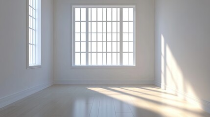 Poster - Bright and Spacious Empty Room with Large Windows Illuminating Wooden Floor Space, Perfect for Interior Design and Minimalist Aesthetic Photography Projects