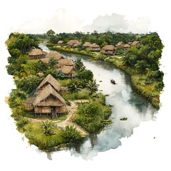 Wall Mural - Watercolor painting of a tranquil riverside village nestled in a lush green jungle.