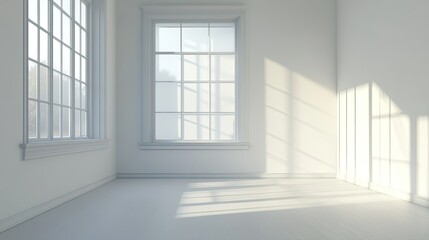 Poster - Bright Minimalist Room with Sunlight Streaming Through Large Windows and Soft Shadows on White Walls and Floor, Ideal for Interior Design Concepts and Modern Living Spaces