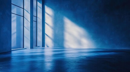 Poster - Minimalist interior with large windows casting shadow play on smooth floor, creating serene atmosphere in a tranquil blue-hued environment for artistic inspiration