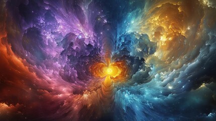 Poster - Stunning Cosmic Abstract Illustrating a Celestial Explosion of Colorful Clouds, Bright Stars, and Vivid Lights in a Space Scene of Infinite Depth and Beauty