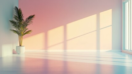 Poster - Modern Minimalist Indoor Space with Pink Gradient Wall, Bright Sunlight, and Decorative Potted Plant for Contemporary Home Design Inspiration