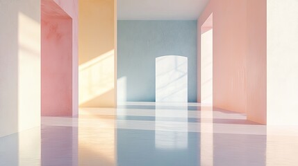 Poster - Bright and Minimalist Interior Space with Colorful Walls and Soft Light Casting Shadows Across a Polished Floor for a Tranquil and Modern Ambiance