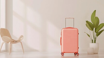 Poster - Modern and Minimalistic Travel Scene Featuring a Coral Suitcase and Elegant Indoor Plant in a Bright, Cozy Room with Natural Light and Neutral Tones