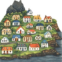 Wall Mural - Whimsical Watercolor Painting of a Coastal Village Nestled on a Hillside.