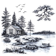 Wall Mural - Ink Drawing of a Lakeside Cabin with a Small Rowboat and Birds in Flight.