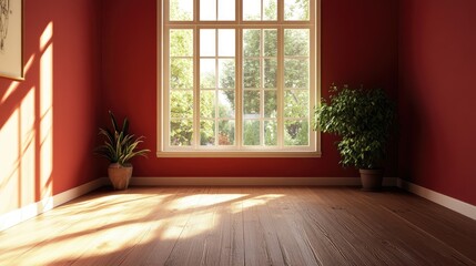 Poster - Cozy interior with red walls, wooden floor, and a bright window showcasing lush greenery outside in a sunlit living space, ideal for modern design concepts