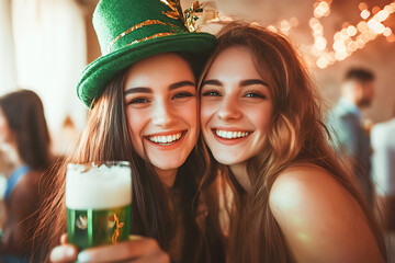 Two happy female friends are smiling and enjoying a glass of green beer together at a saint patrick's day celebration