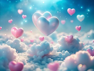 Wall Mural - Dreamy Blue Sky with Pink Hearts and Fluffy White Clouds - Abstract Love Concept