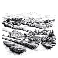 Wall Mural - Black and white illustration of a tranquil tea plantation nestled in a picturesque valley, surrounded by rolling hills and mountains.