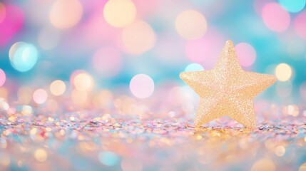 Poster - Sparkling star shapes glimmer among vibrant bokeh lights, evoking a festive mood ideal for parties, events, and decorations
