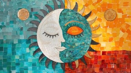 Poster - Vibrant mosaic wall art features a sun and moon design, showcasing detailed craftsmanship with colors shining in a blend of orange, blue, and red