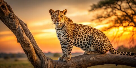 dark brown leopard with golden fur sitting on a tree branch in the african savannah at sunset, anima