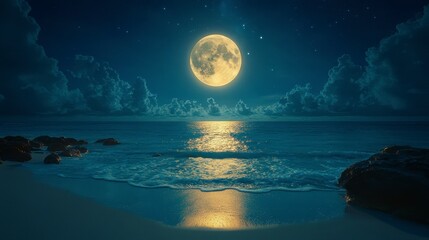 Full moon over tranquil ocean beach at night.