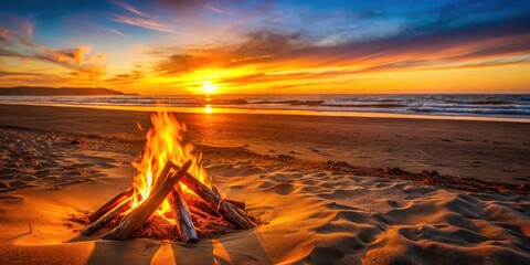 Wall Mural - Warm golden light illuminates beach sand as bonfire crackles in the distance, soothing, calm,  soothing, calm,beach, bonfire