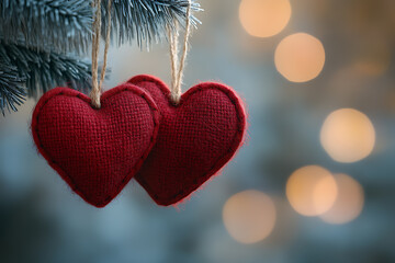 Two red felt hearts clipped to a string against a warm bokeh background, perfect for Valentine’s Day, romantic, or festive-themed designs