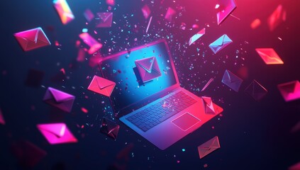 Poster - digital communication surge laptop surrounded by floating emails virtual environment creative concep