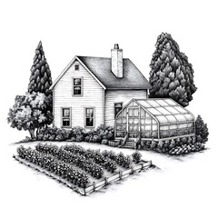 Wall Mural - Black and White Illustration of a Farmhouse with Greenhouse and Garden.