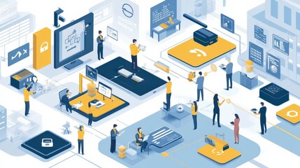 Poster - Modern Office Scene Illustrating Team Collaboration and Technology Integration in a Digital Workspace Filled with Graphic Elements and Business Activities