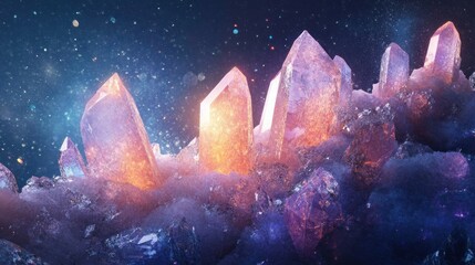 Poster - Sparkling Crystal Formation in Galactic Landscape with Ethereal Glows, Colorful Lighting and Radiant Reflections on Crystals Surrounded by Mystical Atmosphere