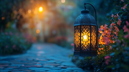 Wall Mural - Illuminated lantern on garden path at dusk.