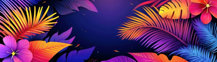 Poster - Vibrant Tropical Leaves and Flowers with Gradient Background in Dark Purple and Orange, Ideal for Summer-Themed Designs and Creative Projects