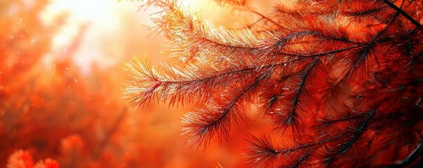Poster - Vibrant Red Orange Autumn Leaves with Sunlight Filtering Through Natural Landscape in Background During Fall Season