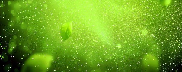 Poster - Lush Green Background with Soft Floating Leaves and Sparkling Particles for Nature and Freshness Themes in Photography and Design Projects