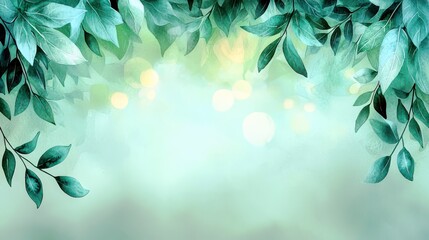 Poster - Lush Green Leaves Framing a Soft Focus Background with Gentle Light Accents in an Inviting Nature-Inspired Setting for Creative Projects