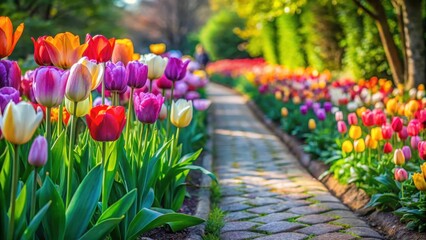 Wall Mural - Colorful tulip flowers lined up in a garden path , garden, vibrant,  garden