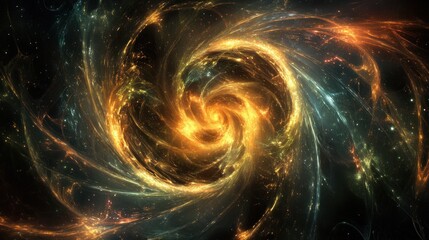 Poster - Swirling Cosmic Patterns of Light and Color in a Vivid Space Scene Featuring Brilliant Gold and Orange Tones Against a Dark Universe Background