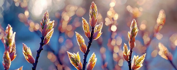 Poster - Fresh Green Buds on Branches in Morning Light with Blurred Background and Sparkling Bokeh Effect Capturing the Beauty of New Growth in Nature