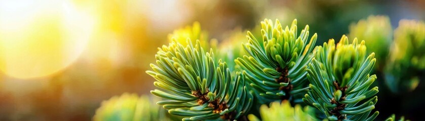 Poster - Close-up View of Pine Tree Branches with Soft Green Needles Illuminated by Warm Sunlight Creating a Serene Natural Scene in a Tranquil Environment