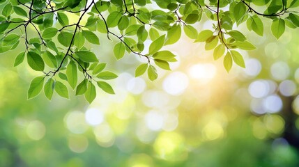 Poster - Fresh Green Leaves with Soft Sunlight and Blurred Background Creating a Tranquil and Peaceful Nature Scene for Relaxation and Meditation