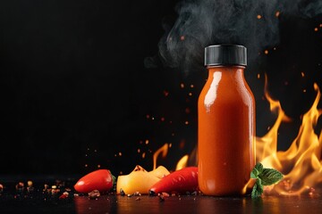 Fiery hot sauce bottle with peppers and flames against dark background