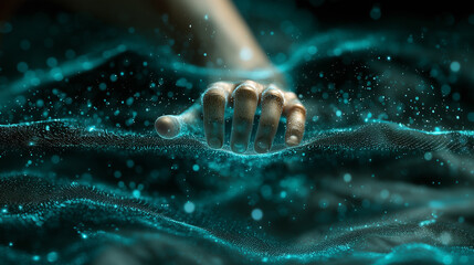 Canvas Print - Hand emerging from glowing digital water surface with floating neon particles