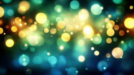 Poster - Soft color bokeh background with blurred lights in various shades of green, blue, yellow, and gold creating a dreamy and vibrant atmosphere for designs