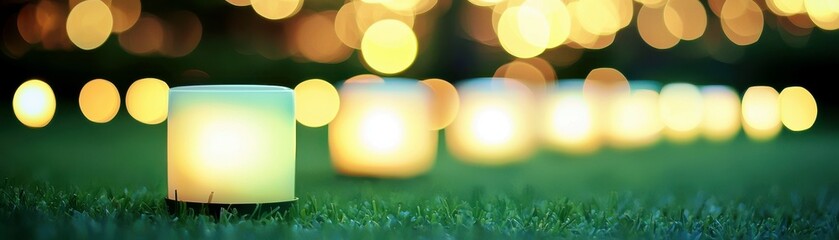 Poster - Glowing Lanterns on Grassy Field During Evening with Soft Bokeh Lights Creating a Magical Atmosphere for Outdoor Celebrations and Gatherings