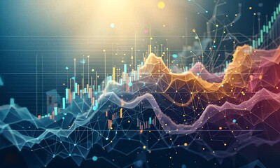 Poster - Abstract data visualization with polygonal landscape and charts.