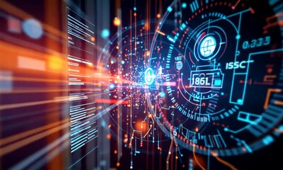 Poster - Abstract digital data streams and futuristic technology interface.